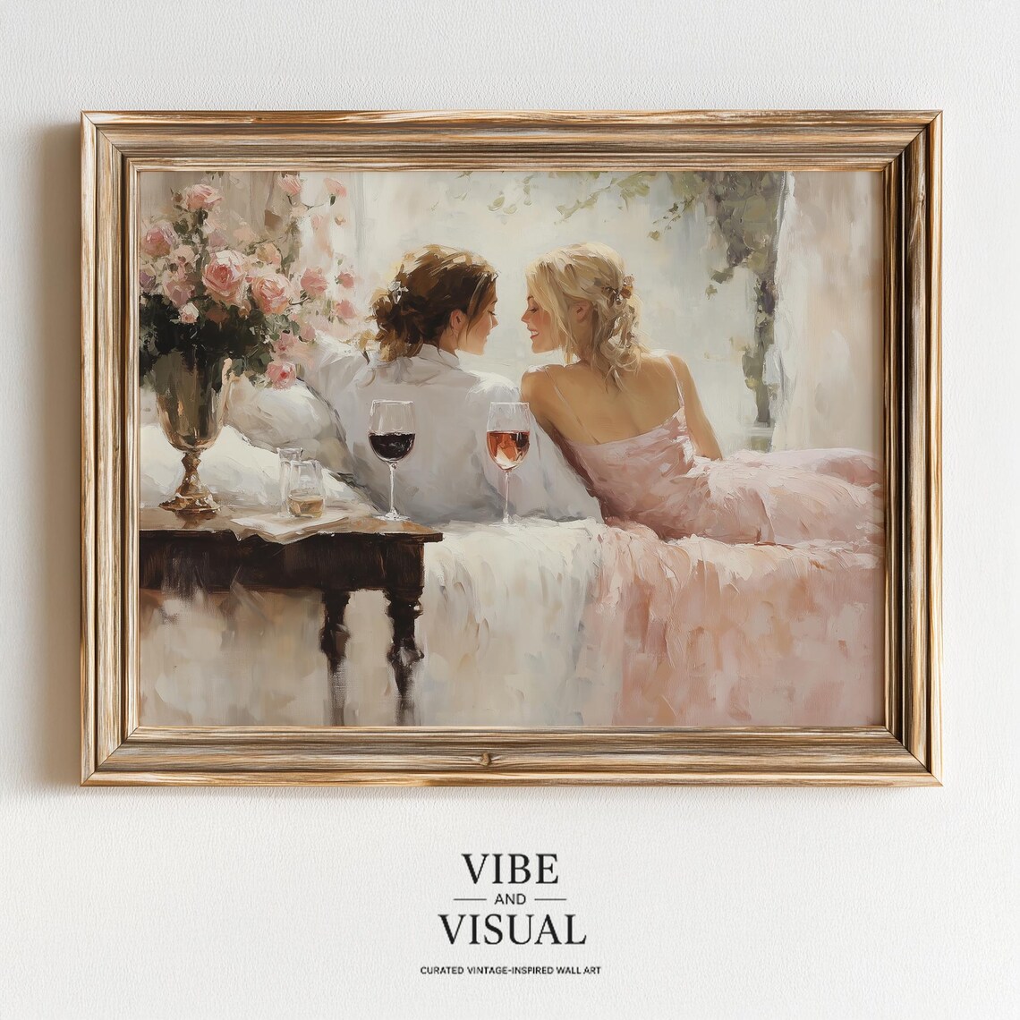 Two Women Sharing Wine Roses Cozy Soft Elegant Bedroom Art Poster