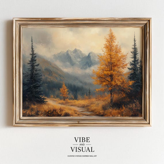 Moody Autumn Mountain Misty Peaks Pine Forest Golden Fall Landscape Poster