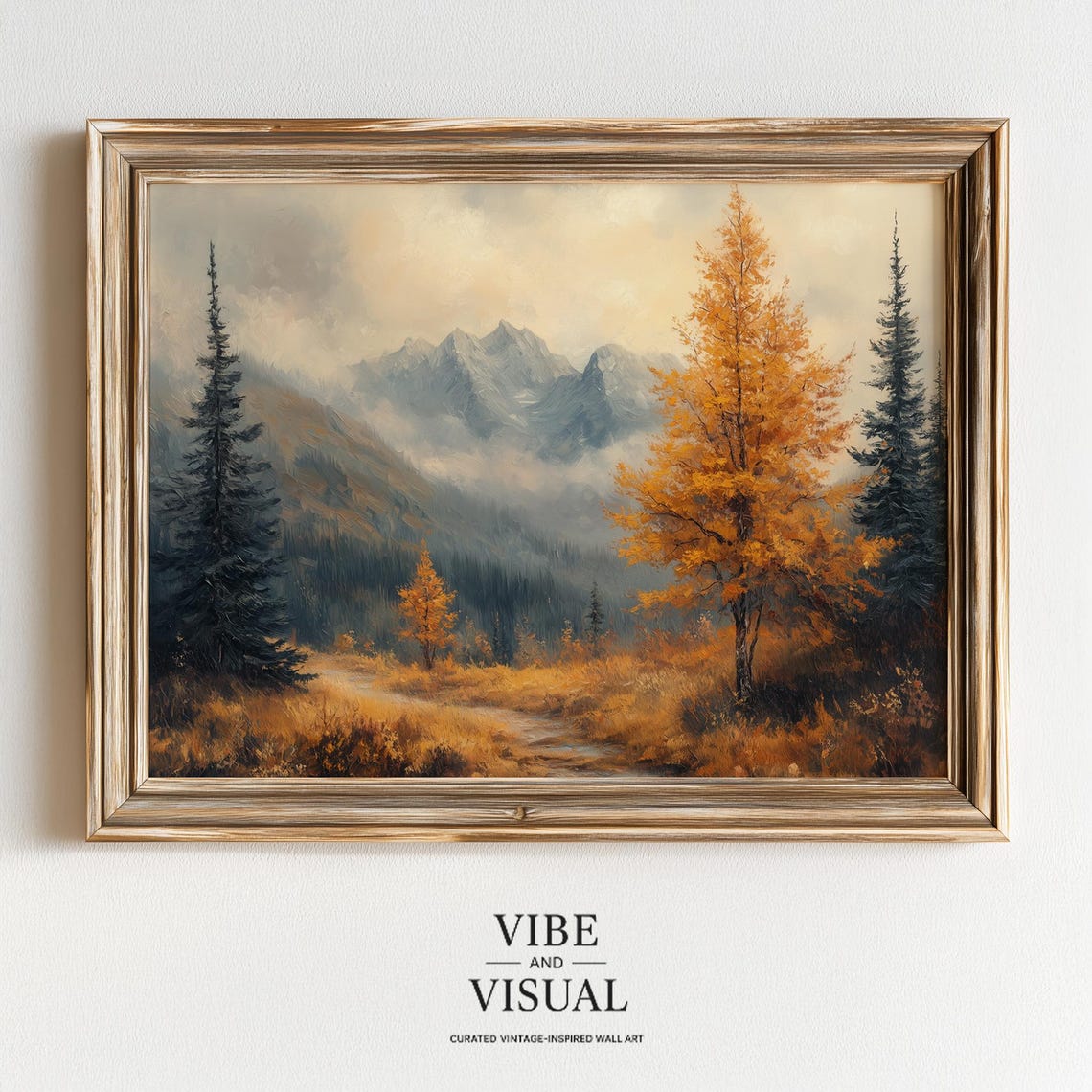 Moody Autumn Mountain Misty Peaks Pine Forest Golden Fall Landscape Poster