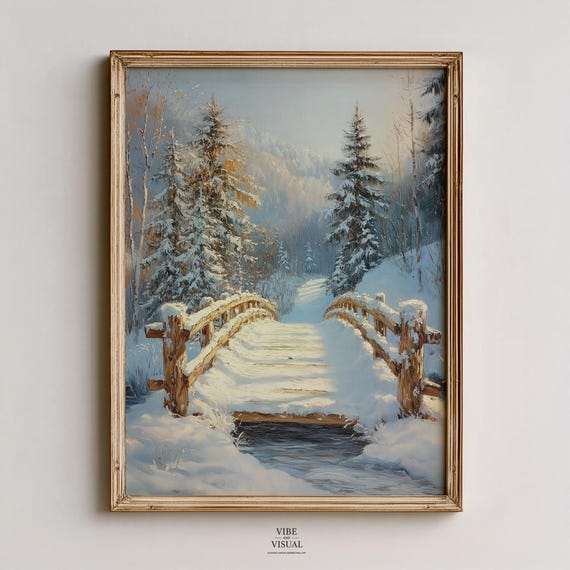 Snowcovered Bridge In Pine Forest Rustic Winter Landscape Art Cozy Moody Decor Farmhouse Wall Traditional Painting 11