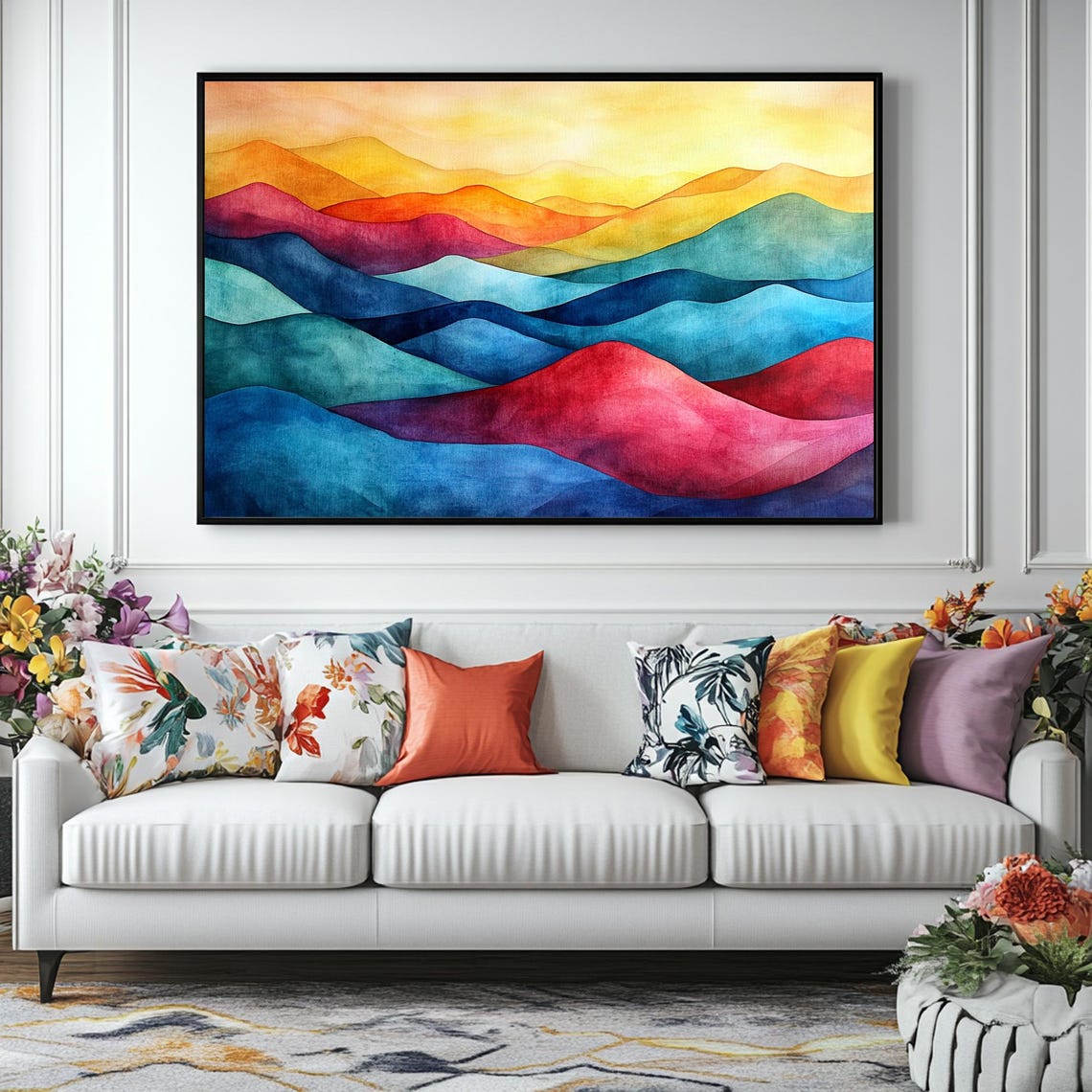 Vibrant Watercolor Horizontal Wall Art Colorful Abstract Mountain Painting Rainbow Watercolor Art Landscape Impressionist Art - Image 4