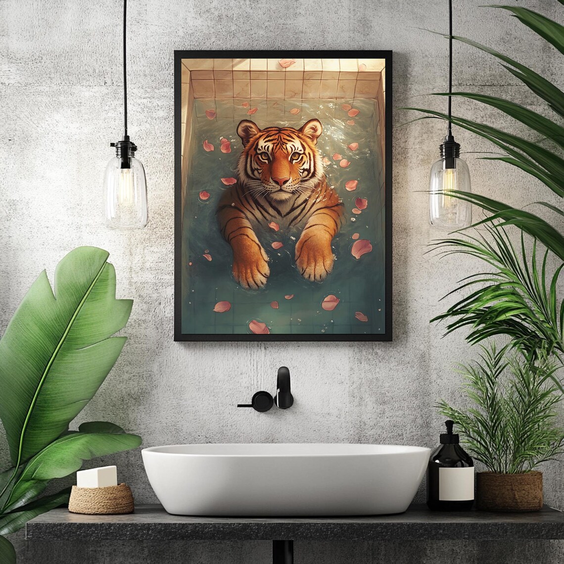 Tiger Bathing in Petal-Strewn Tiled Pool Maximalist Animal Poster - Image 3