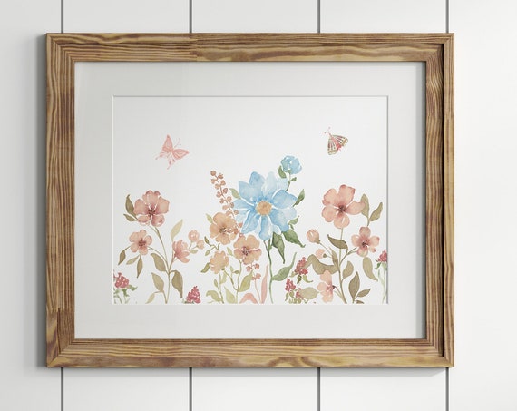 Boho Floral Print With Butterflies Horizontal Wildflower Wall Art Botanical Watercolor Artwork