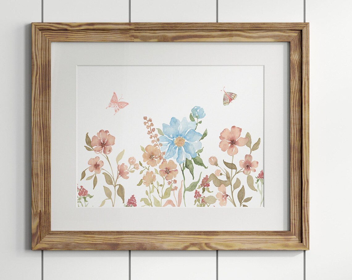 Horizontal Boho Wildflower Watercolor With Butterflies Wall Art