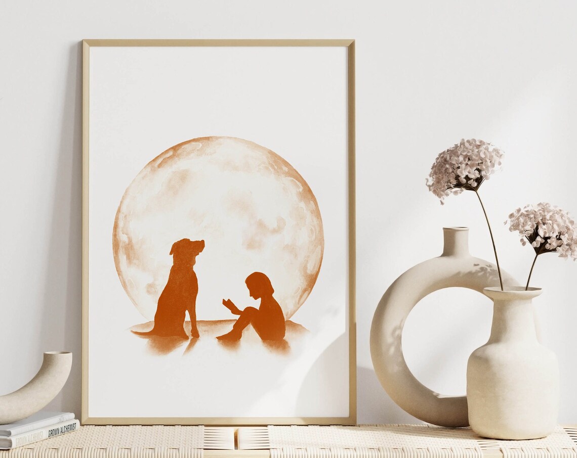 Dog And Child Reading Under Harvest Moon Silhouette Art Poster