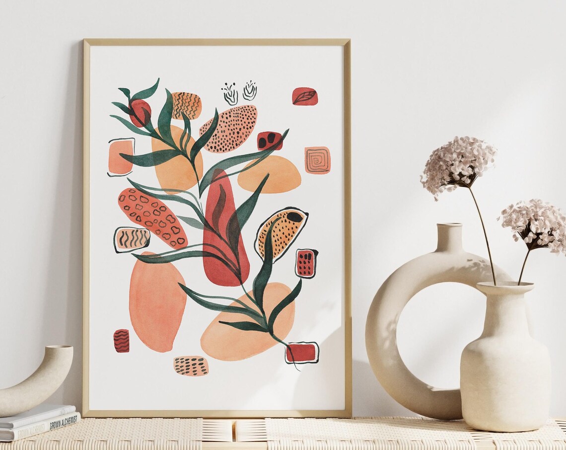 Abstract Boho Botanical Art With Terracotta Leaves Mid Century Poster