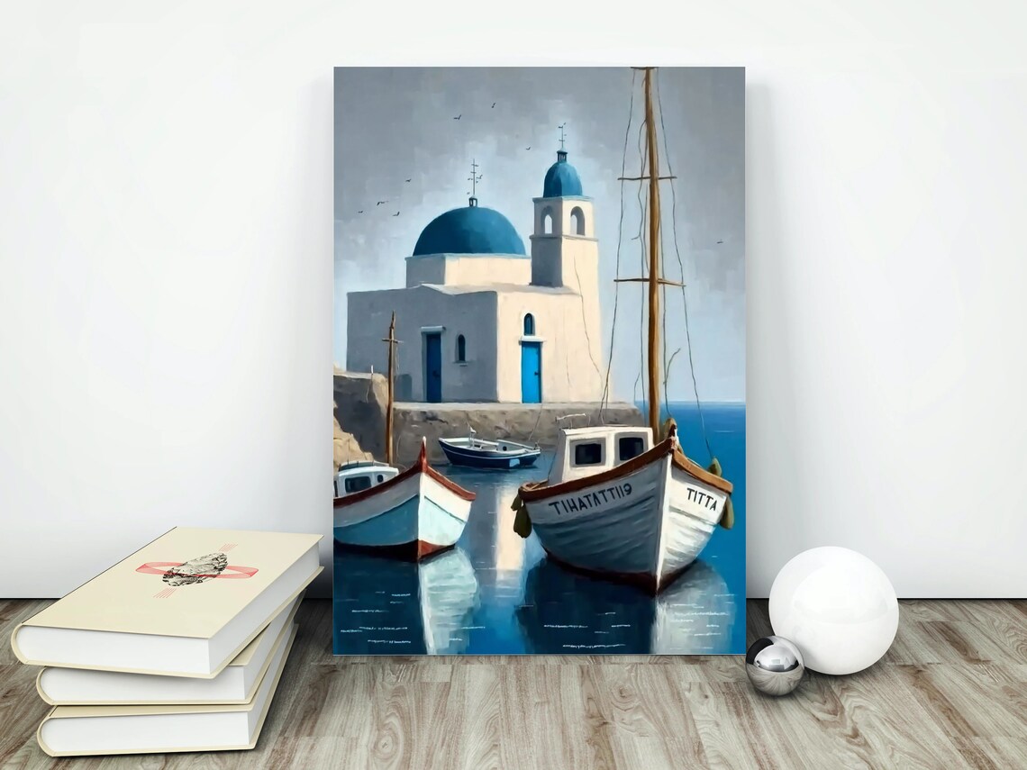Greek Island Blue Domed Church and Fishing Boats Harbor Poster - Image 4
