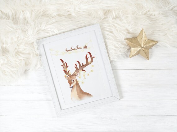 Watercolor Reindeer With String Lights and Santa Sleigh Poster