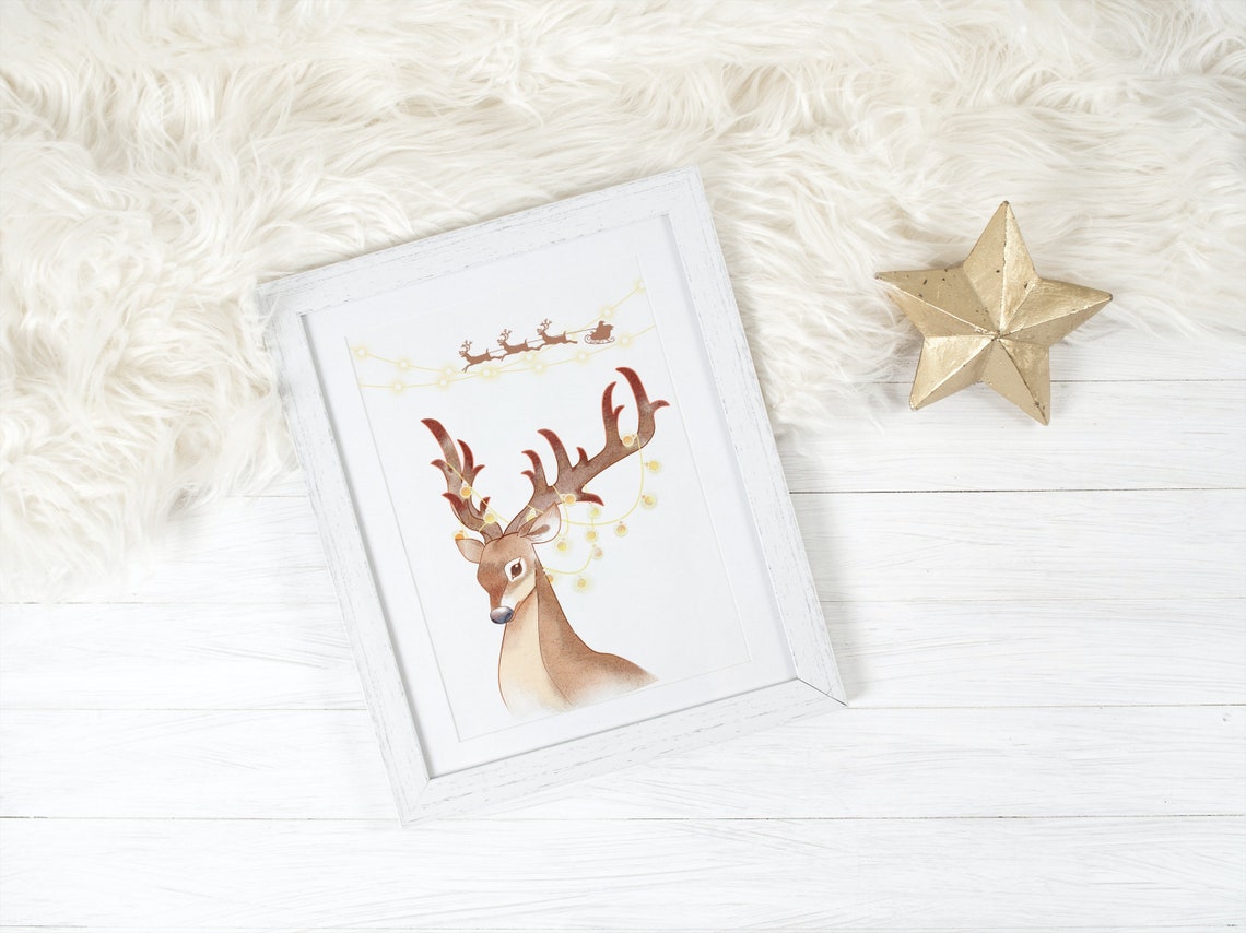Watercolor Reindeer With String Lights and Santa Sleigh Poster
