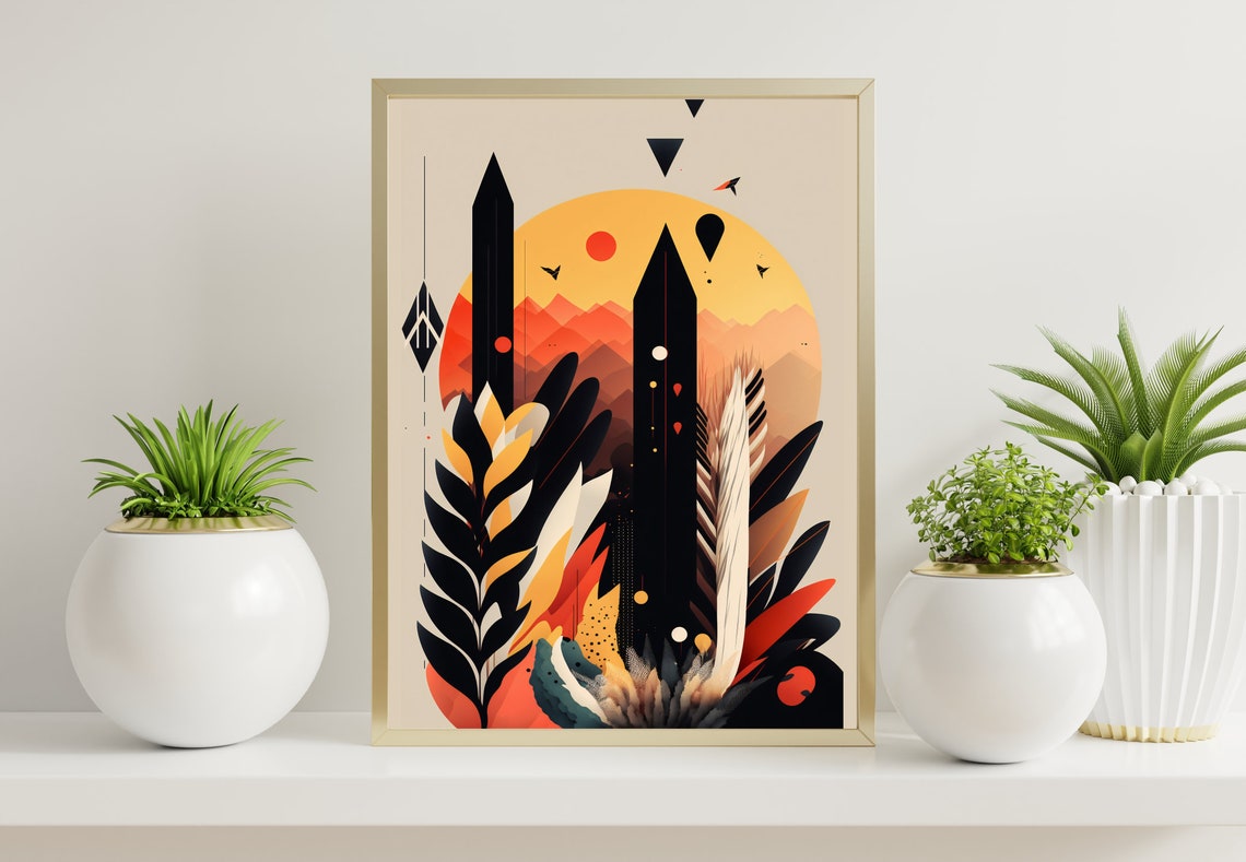 Abstract Geometric Sunset Black Feathers Hot Air Balloon Poster - Image 2