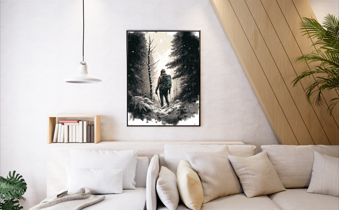 Lone Hiker Snowy Pine Forest Backpack Winter Adventure Poster - Image 4