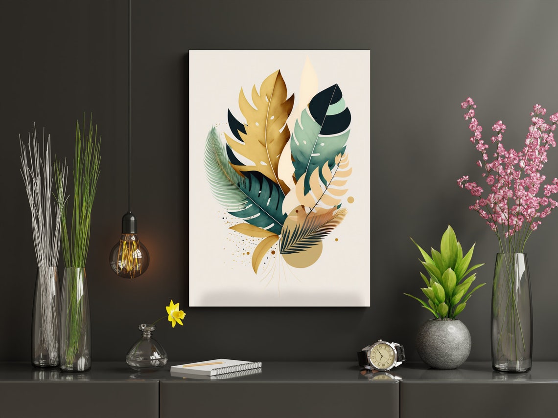 Tropical Gold Palm Monstera Leaves Bouquet Exotic Decor Poster - Image 2