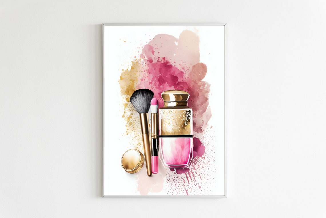 Gold Perfume Bottle Makeup Brushes Pink Watercolor Glam Poster