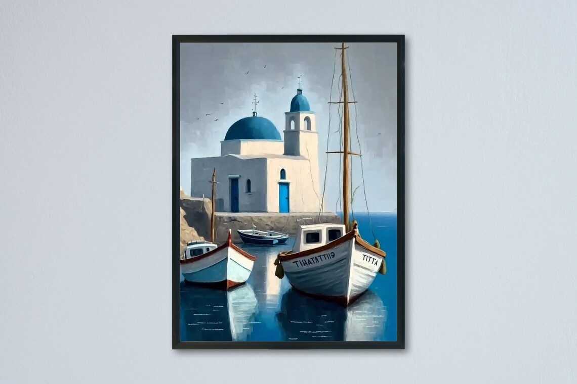 Greek Island Blue Domed Church and Fishing Boats Harbor Poster
