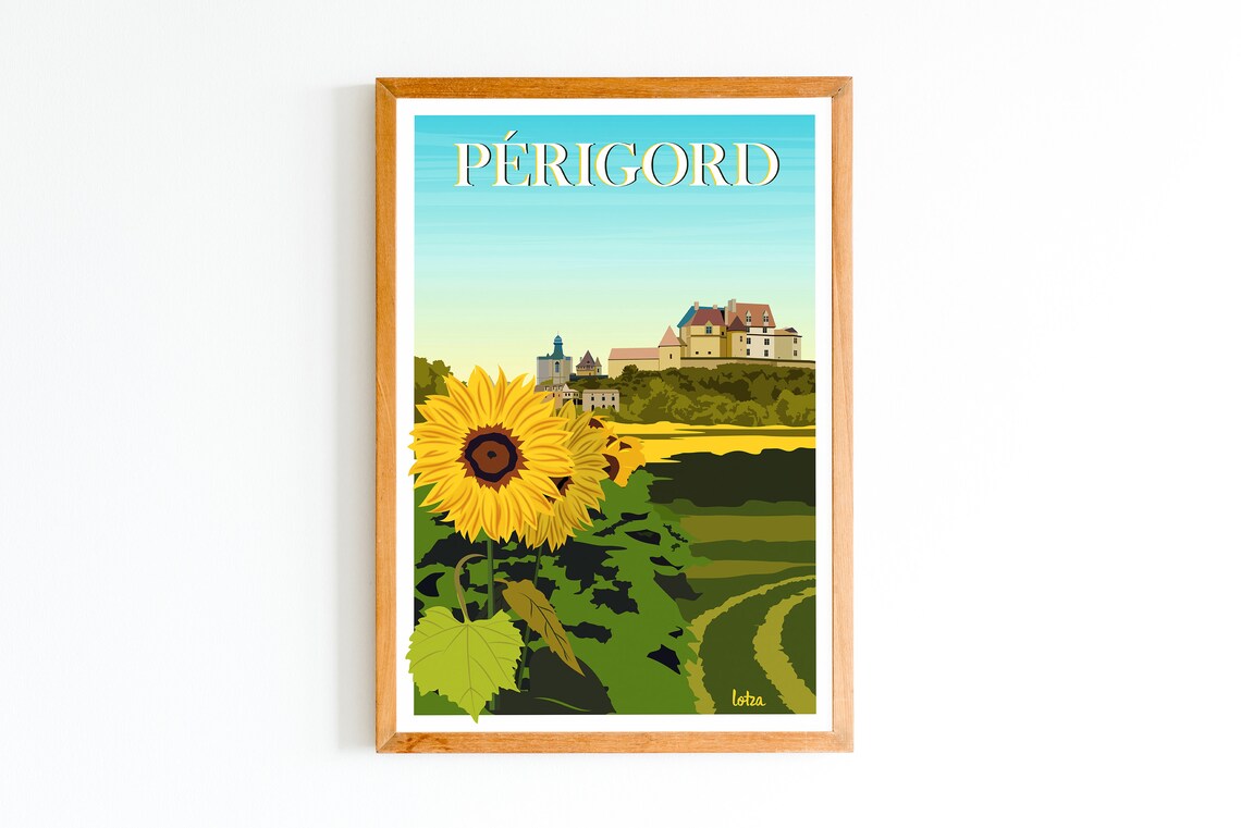 Perigord Sunflower Field and Chateau Vintage French Travel Poster