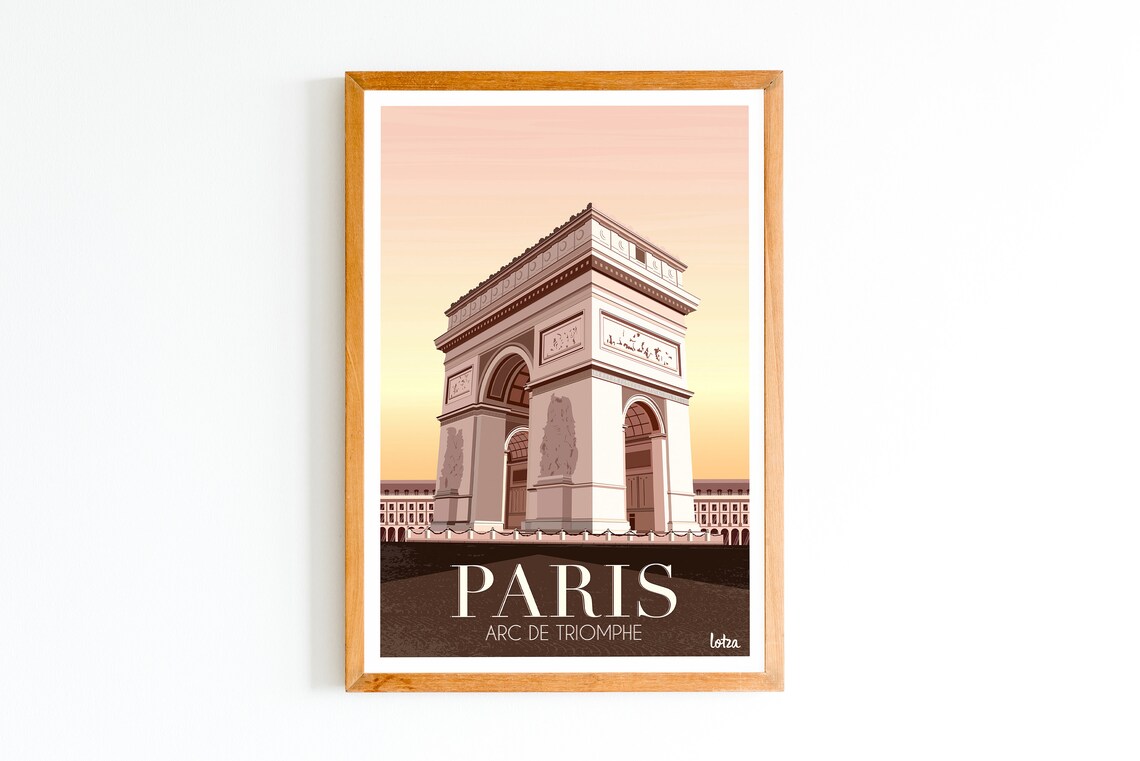 Paris Arc de Triomphe Retro Travel Poster at Sunset Landmark Art