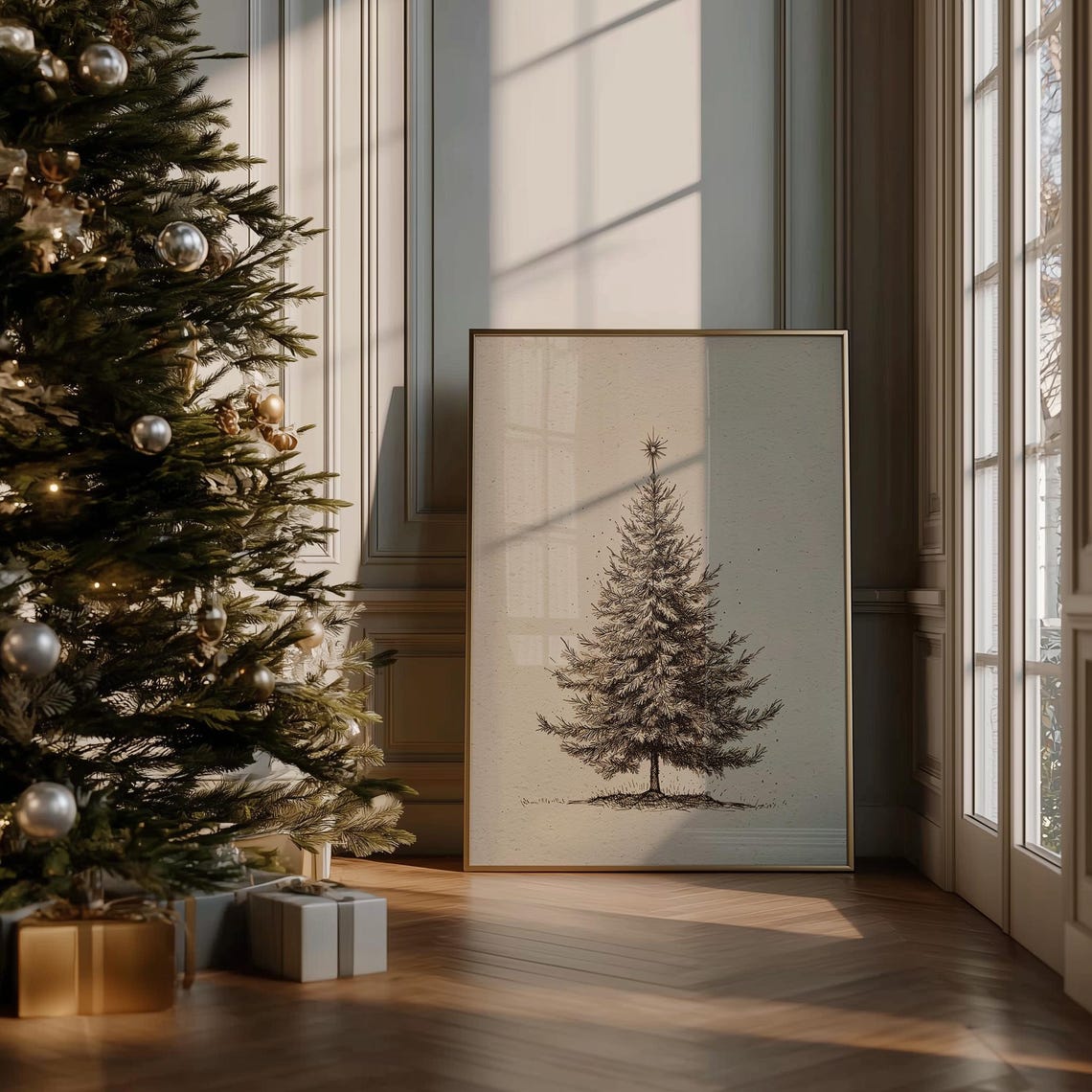Minimalist Christmas Tree Pencil Sketch Neutral Winter Art Poster