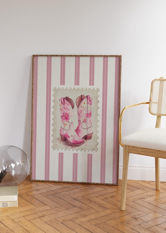 Pink Floral Cowboy Boots Stamp Print Girly Western Decor Retro Coastal Art