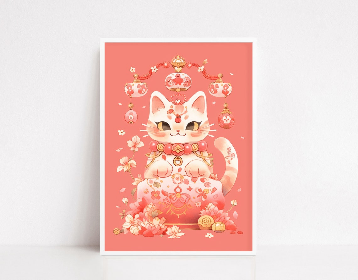 Maneki Neko Lucky Cat Lanterns Kawaii Japanese Blossom Art Poster