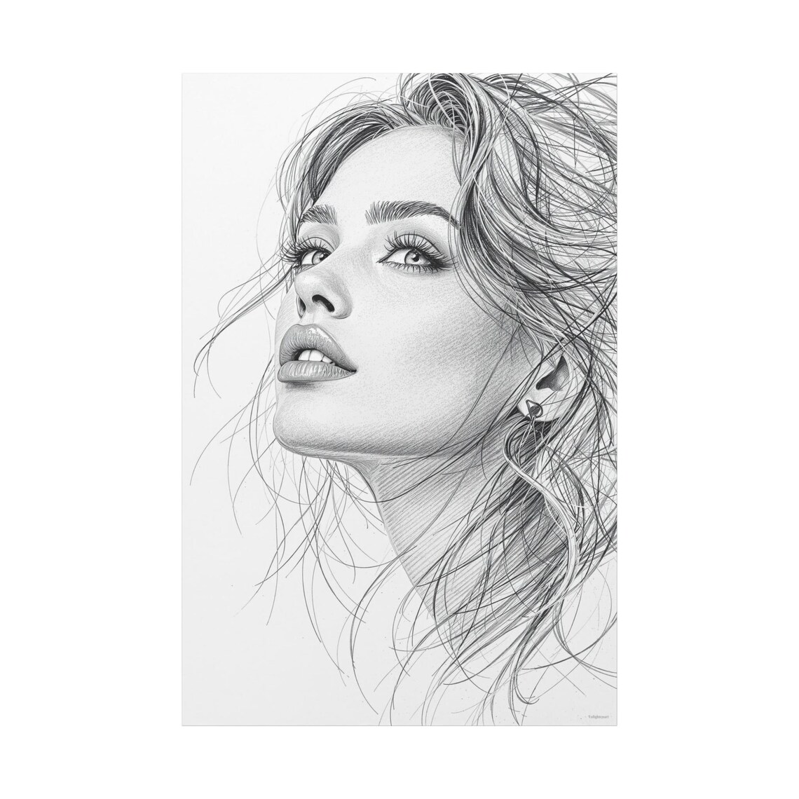 Monochrome Sketch Woman Portrait Windblown Hair Fine Art Drawing Print - Image 3
