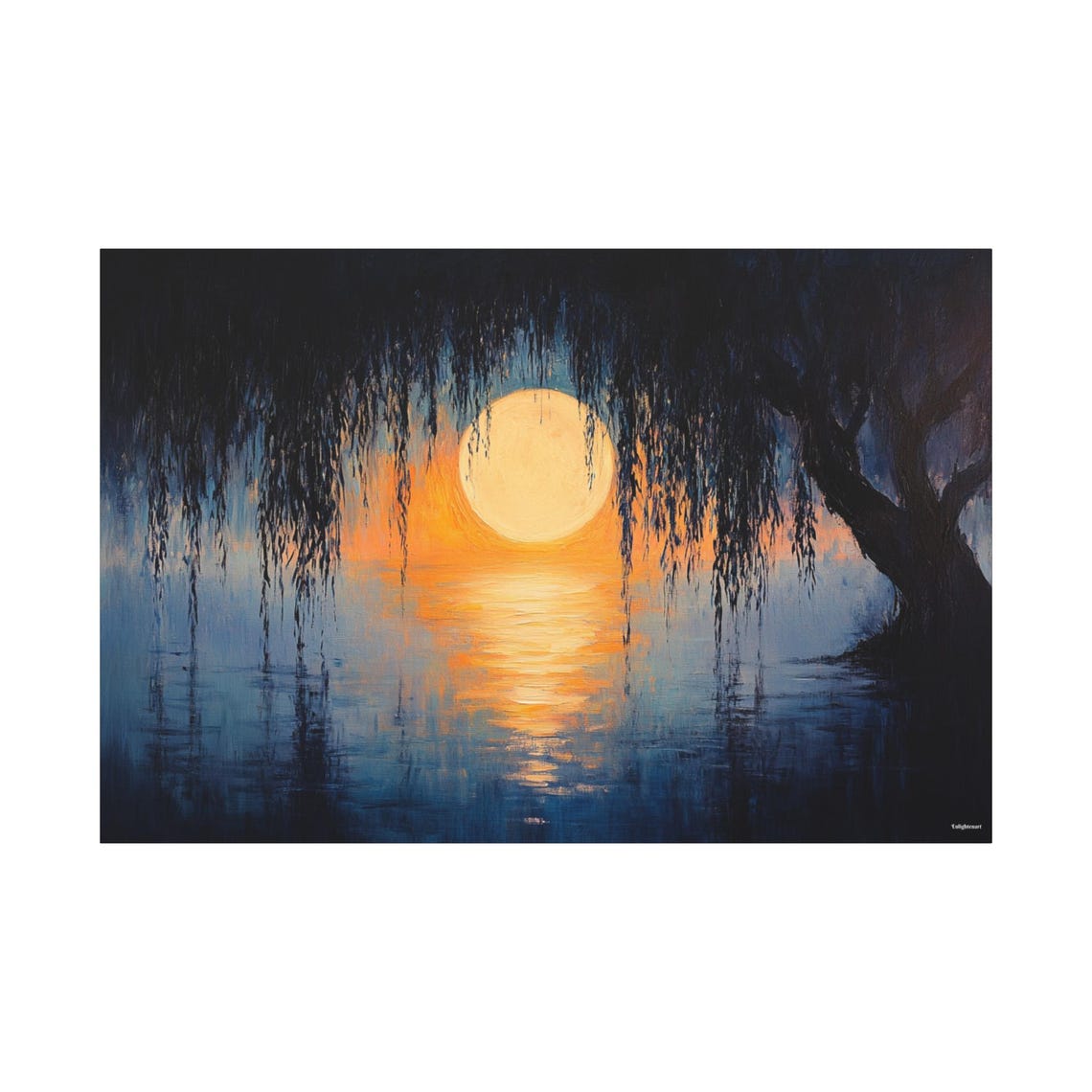 Golden Moon Willow Branches Night Lake Reflection Art Poster - Image 2
