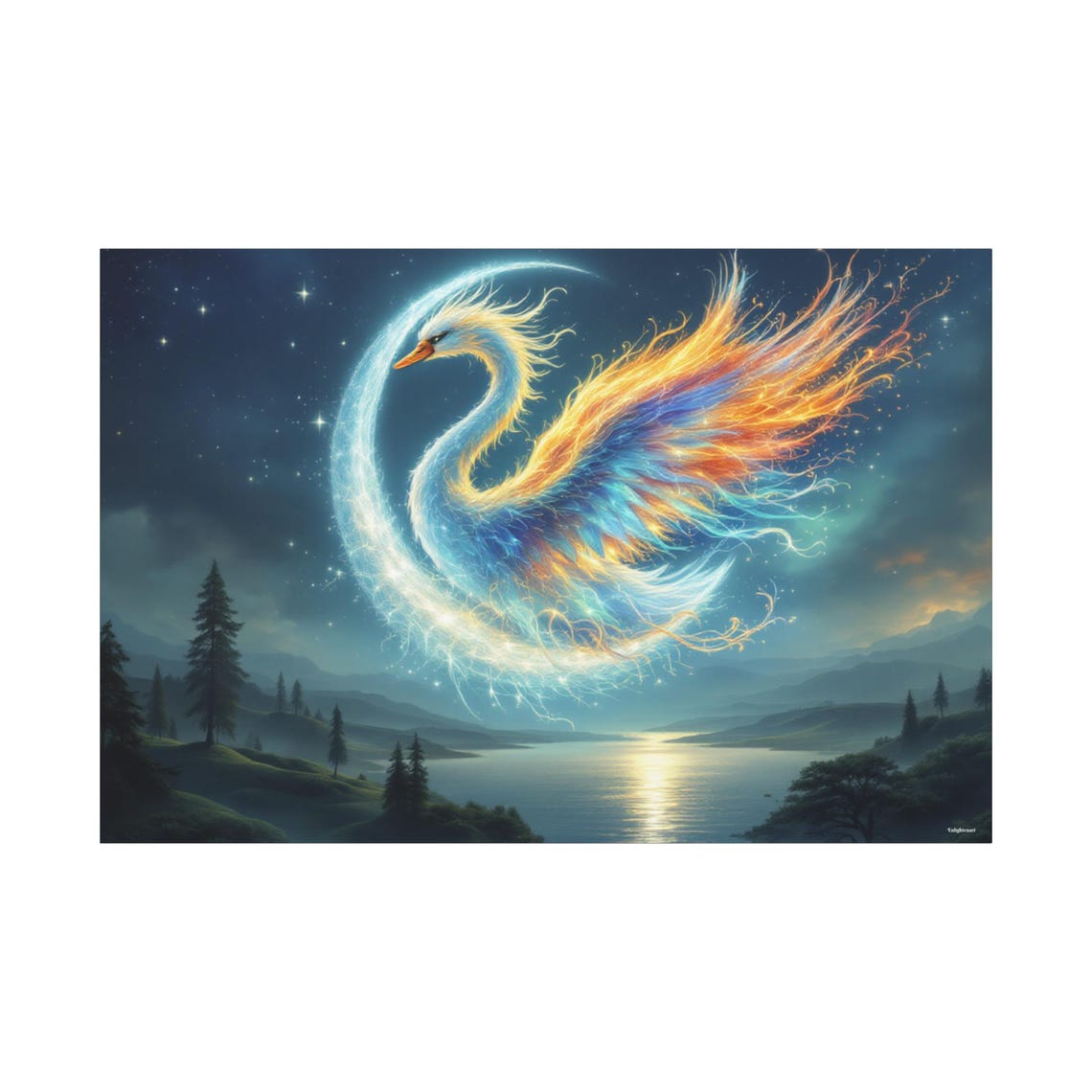 Cosmic Swan Fiery Wings Moonlit Forest Lake Fantasy Art Poster - Image 3
