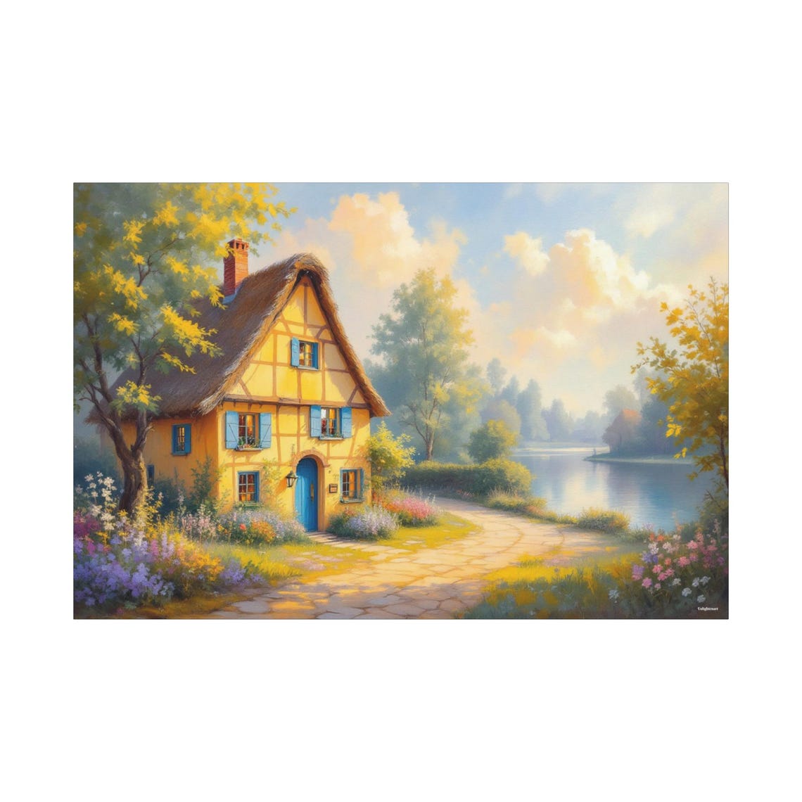 Charming Thatched Cottage Lakeside Garden Golden Light Art Poster - Image 3