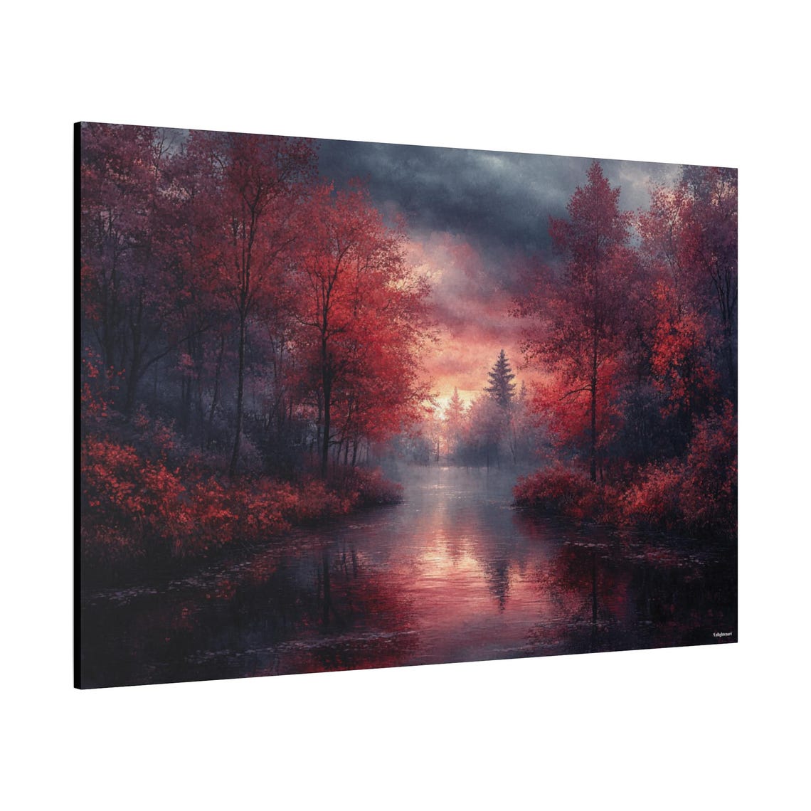 Crimson Red Trees River Dusk Reflection Moody Forest Art Poster - Image 2