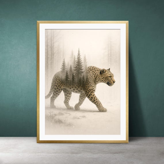 Leopard Winter Forest Art Print Nordic Minimalist Wildlife Poster