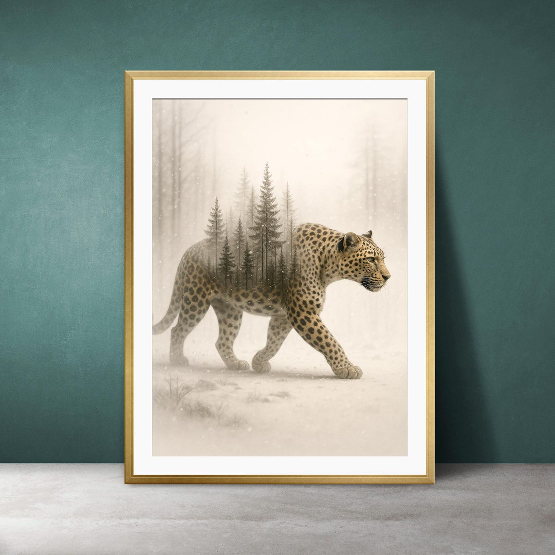 Double Exposure Leopard Winter Forest Nordic Wildlife Poster