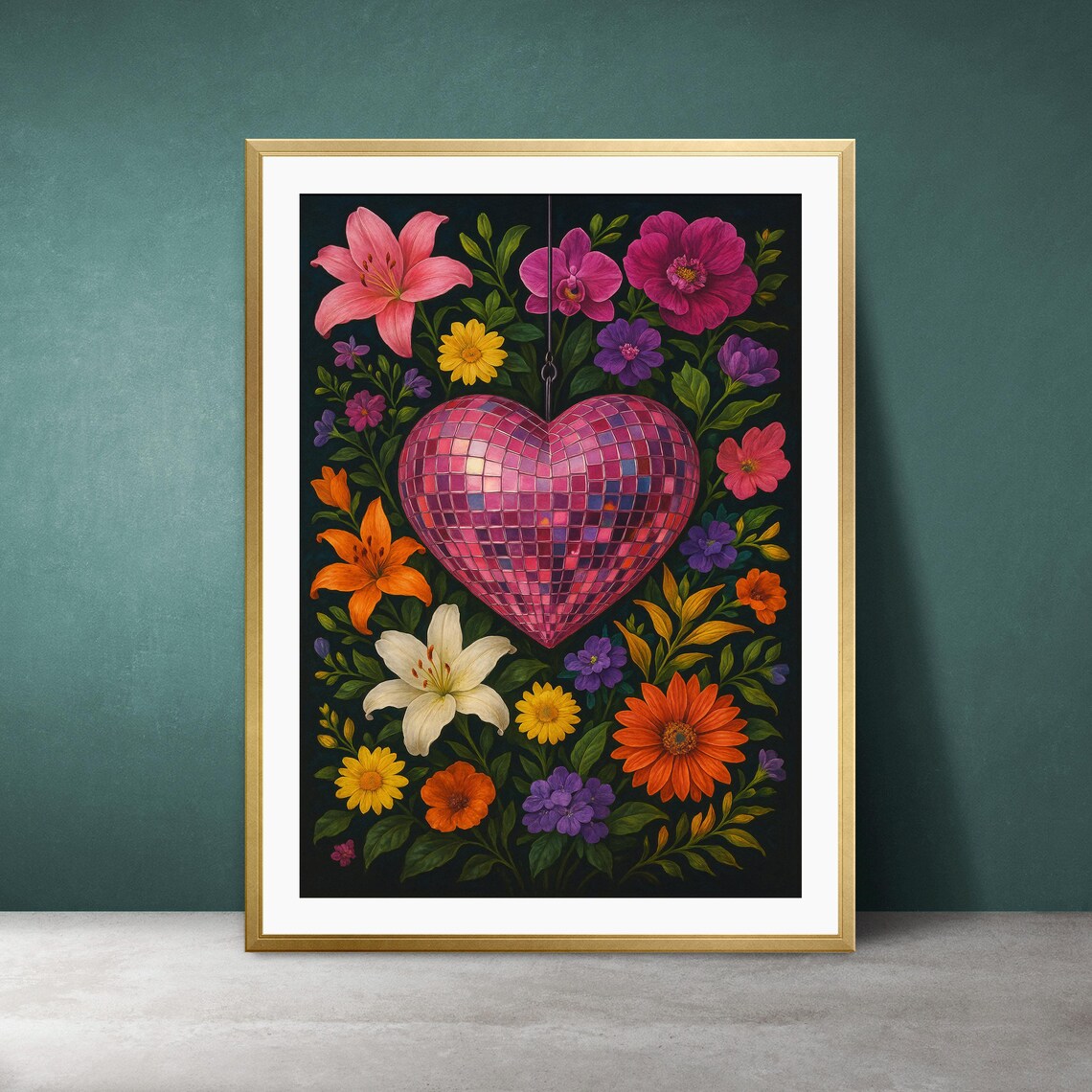 Disco Heart Floral Print Pink Mirrorball Botanical Pop Art