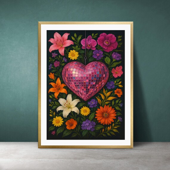 Disco Heart Floral Print Pink Mirrorball Botanical Pop Art