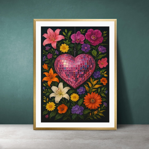 Pink Disco Ball Heart Flowers Black Pop Art Party Wall Poster