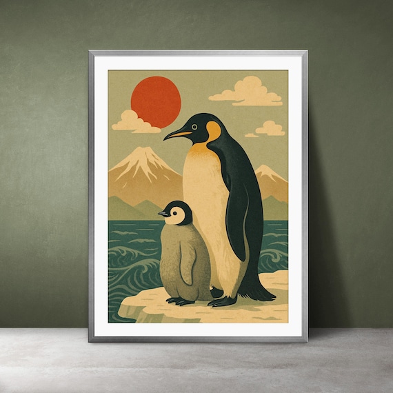 Vintage Penguin Family Retro Travel Style Nursery Animal Poster