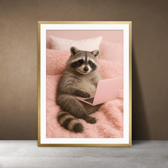 Cozy Raccoon With Pink Laptop Cute Pastel Animal Wall Art Tech Lover Home Office Decor Nurserykawaii