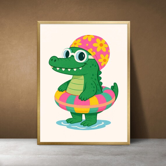 Cute Baby Crocodile with Swim Cap and Float Kids Room Art Poster