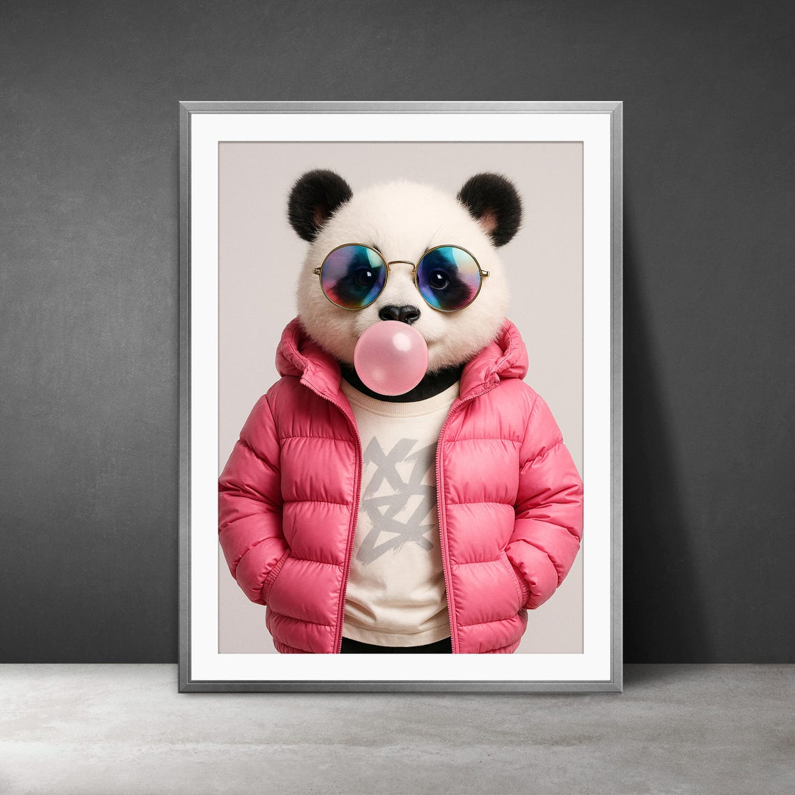 Cool Panda in Pink Puffer Jacket Blowing Bubblegum Art Poster