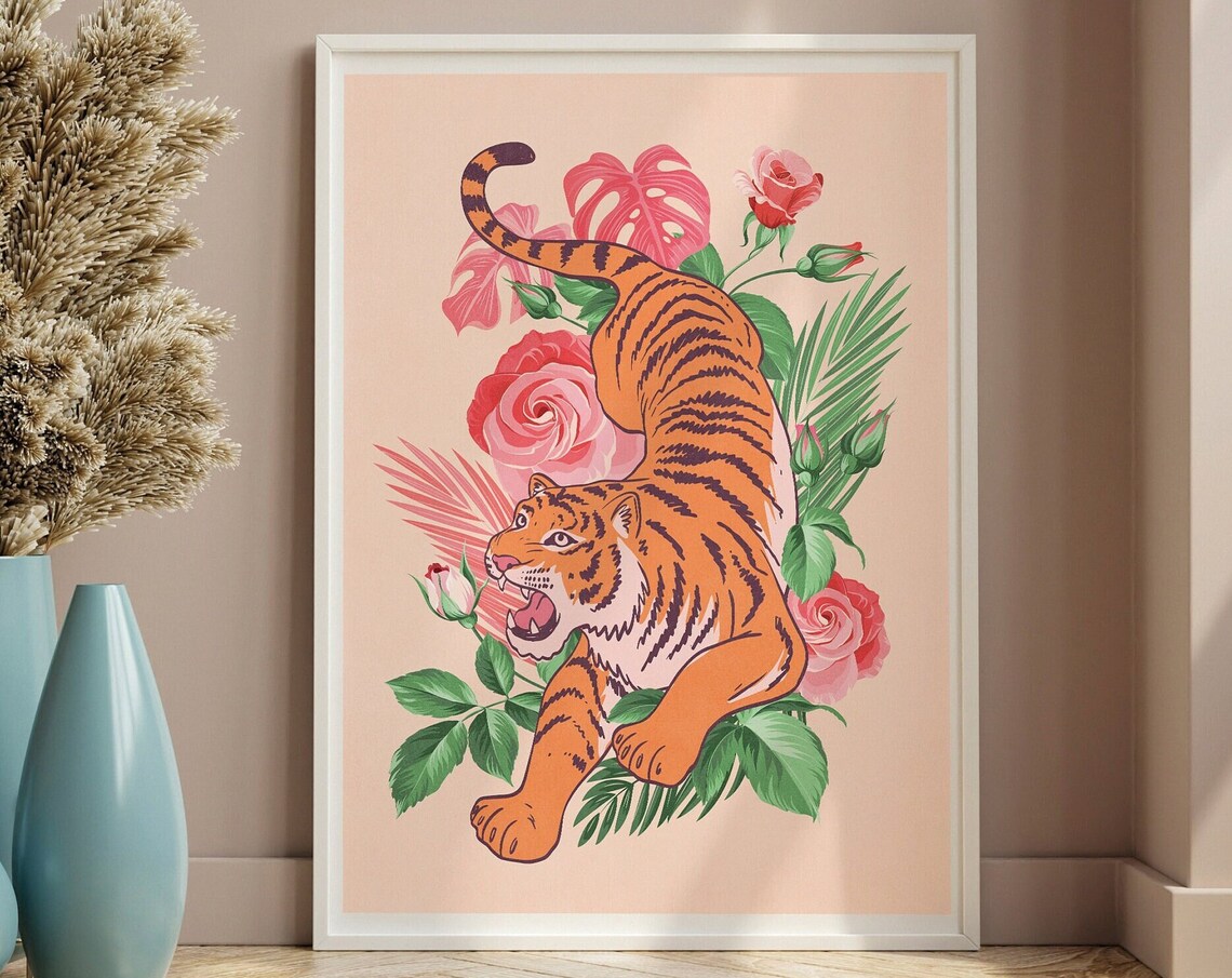 Cream Background Leaping Tiger With Pink Roses Floral Poster - Image 3