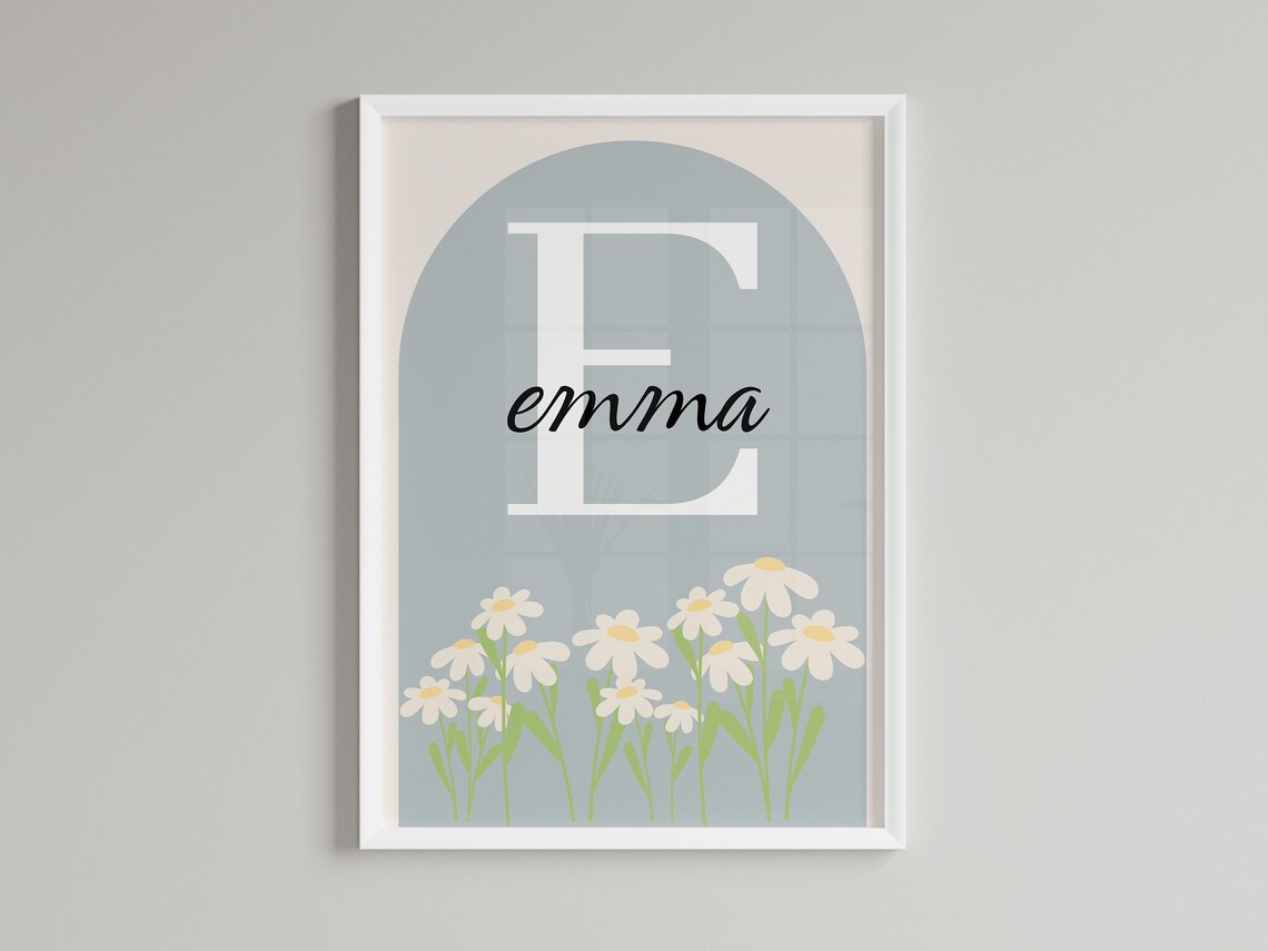 Personalized Daisy Nursery Name Poster Sage Green Arch Floral Initial Design - Image 2