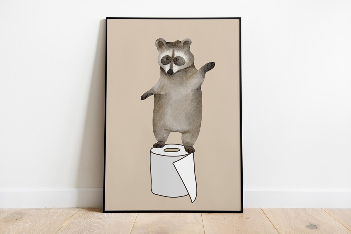 Cute Raccoon Waving on Toilet Roll Funny Bathroom Animal Poster