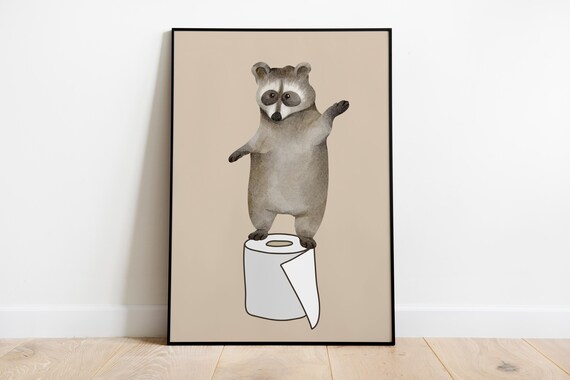 Cute Raccoon Waving on Toilet Roll Funny Bathroom Animal Poster