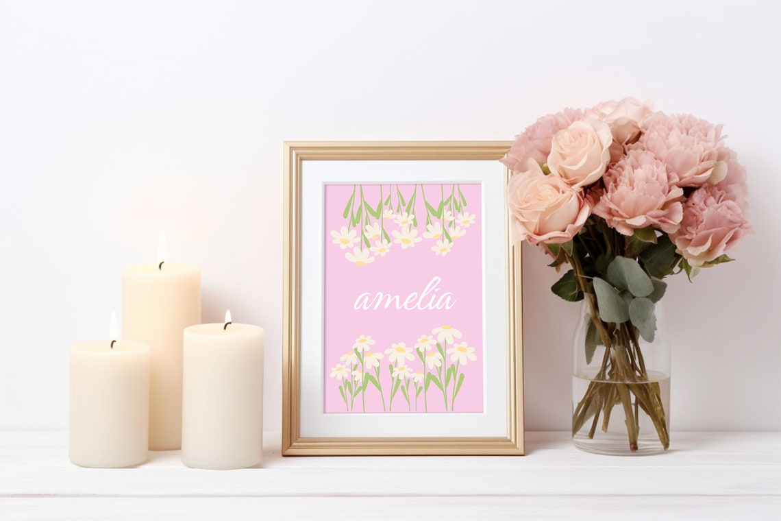 Amelia Custom Personalised Pink Daisy Meadow Nursery Name Poster - Image 2