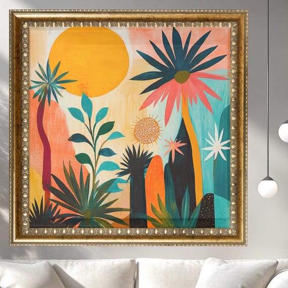 Mcm Summer Landscape Art Abstract Sun Palms Colorful Vintage Modern Print Instant Boho Wall Decor
