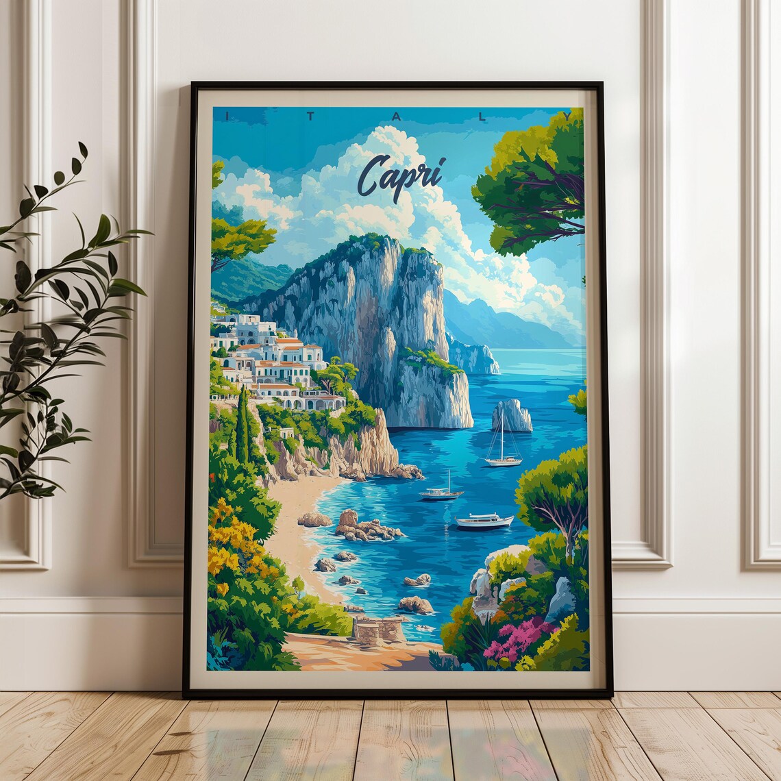 Capri Italy Faraglioni Sea Cliffs Sailboat Bay Travel Poster
