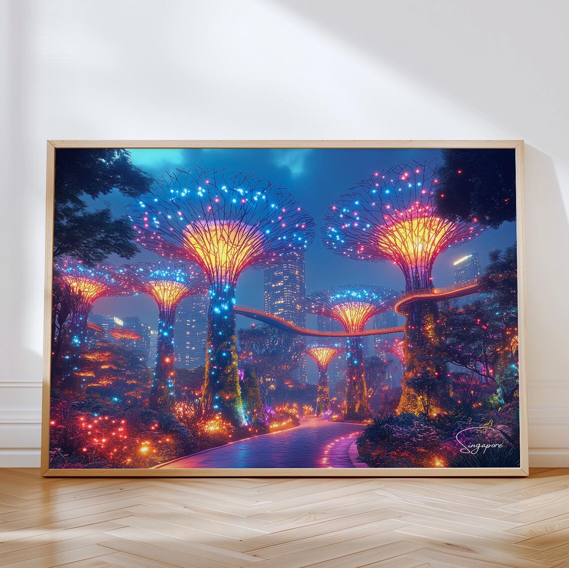 Singapore Supertree Grove Neon Night Lights Cityscape Travel Poster