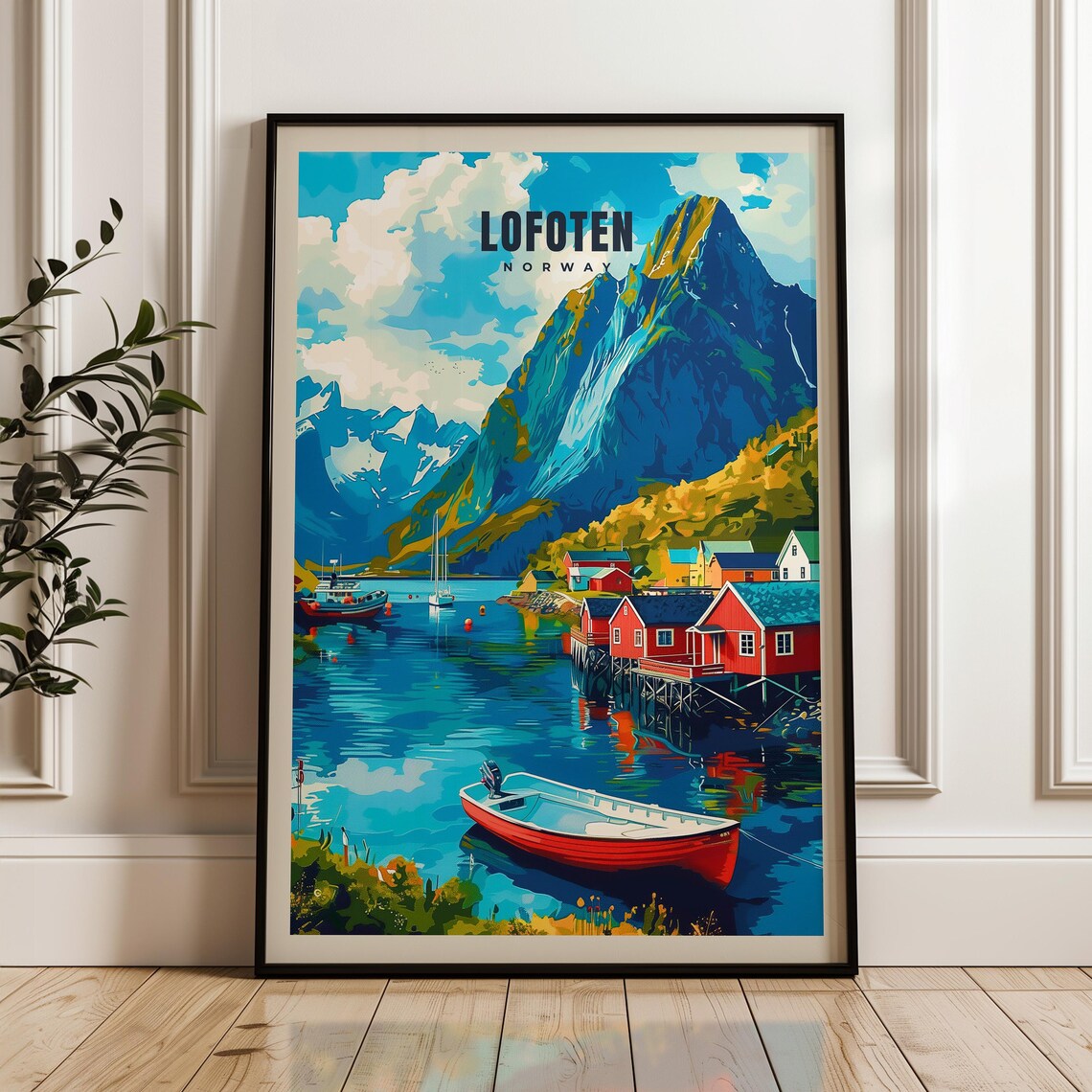 Lofoten Norway Red Fishing Cabins Fjord Boats Mountain View Poster