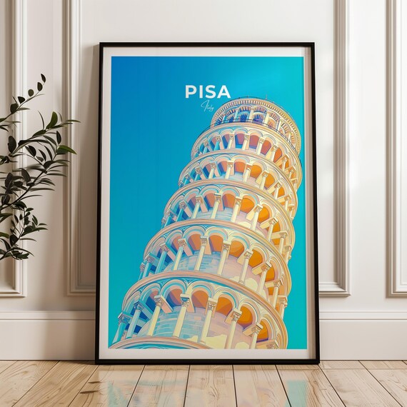 Pisa Travel Poster Leaning Tower Illustration Tuscany Wall Art