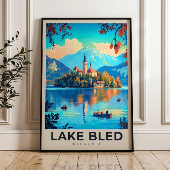 Lake Bled Travel Poster, Slovenia Illustration