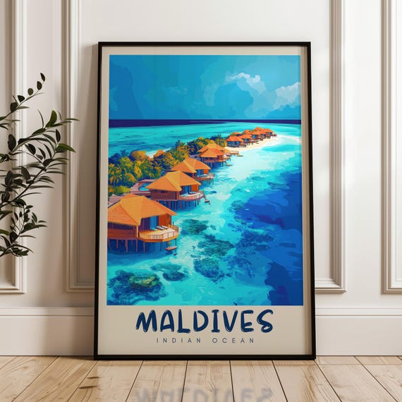 Maldives Travel Poster, Indian Ocean Illustration