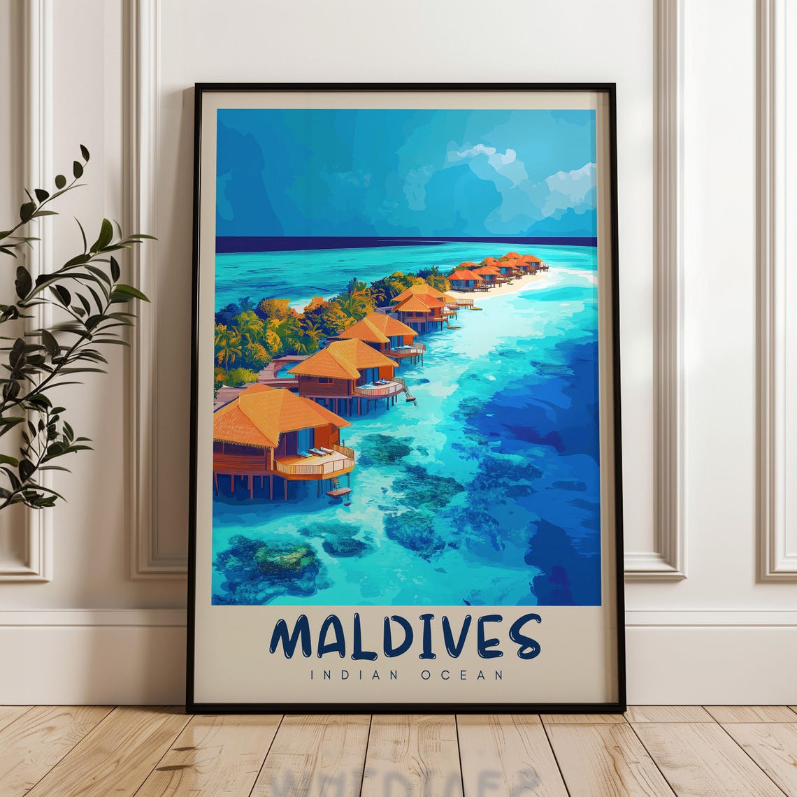 Maldives Travel Poster, Indian Ocean Illustration